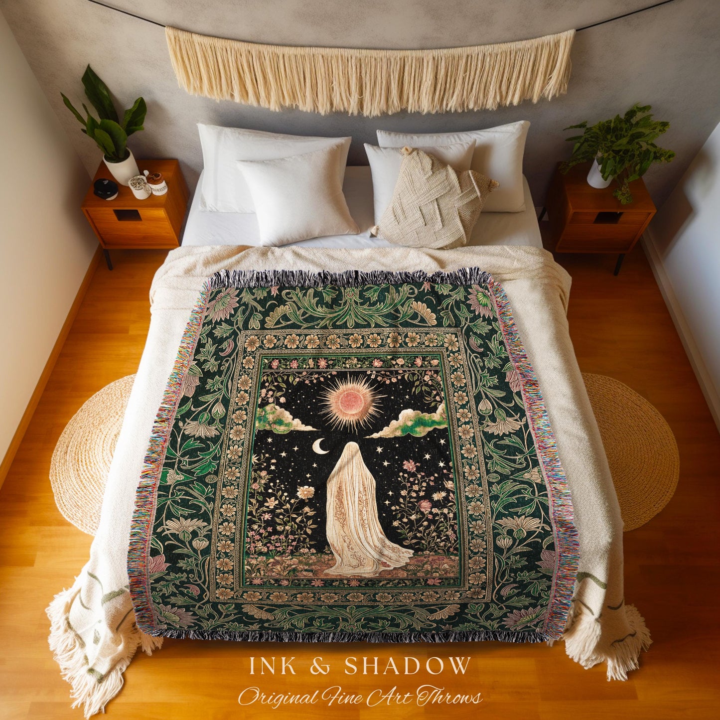 Verdant Sunlit Ghost Cozy Blanket | Floral Cottagecore Halloween Decor Woven Forest Ghost Tapestry Whimsigoth Gothic Throw Art Botanical |