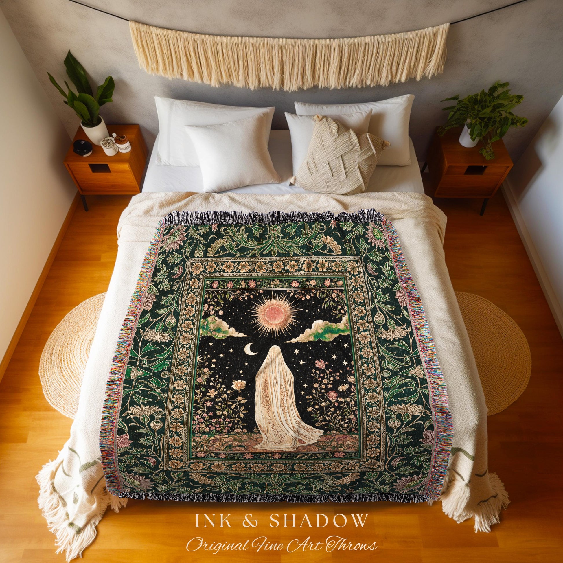 Verdant Sunlit Ghost Cozy Blanket | Floral Cottagecore Halloween Decor Woven Forest Ghost Tapestry Whimsigoth Gothic Throw Art Botanical |