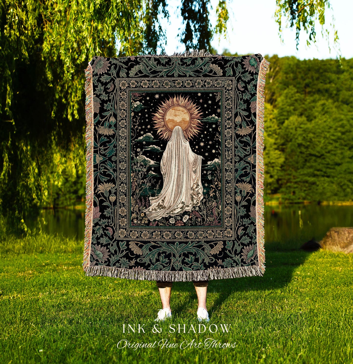 Autumn Harvest Spirit Ghost Blanket | Cottagecore Halloween Floral Woven Throw Tapestry Whimsigoth Gothic Home Decor Botanical Cozy Witchy