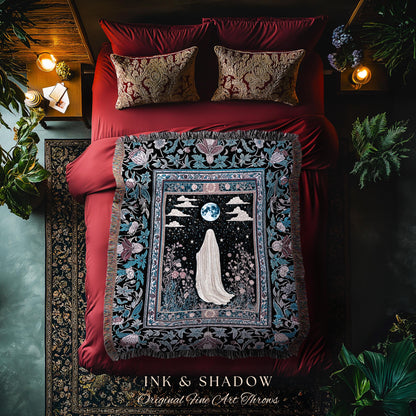 Moody Midnight Ghost Wall Tapestry | Gothic Woven Blanket Harvest Moon Spirit Whimsigoth Halloween Cottagecore Cozy Decor Botanical Witchy |