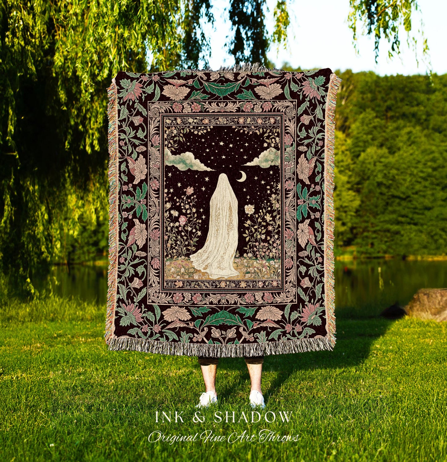 Celestial Nightfall Mystic Ghost Tapestry | Ethereal Witchy Cottagecore Blanket Woven Whimsigoth Gothic Decor Botanical Vintage Aesthetic |