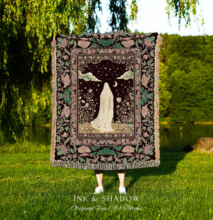 Celestial Nightfall Mystic Ghost Tapestry | Ethereal Witchy Cottagecore Blanket Woven Whimsigoth Gothic Decor Botanical Vintage Aesthetic |