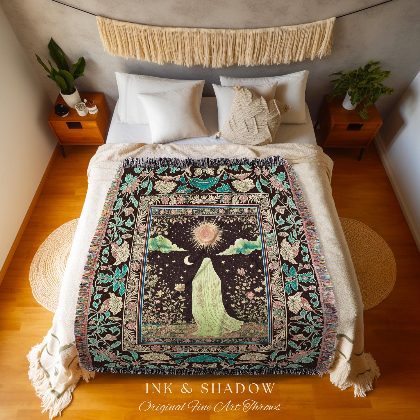 Earth Spirit Mystic Floral Ghost Throw | Cottagecore Blanket Tapestry Whimsigoth Decor Sunlit Pastel Accent Botanical Season Witchy Vintage