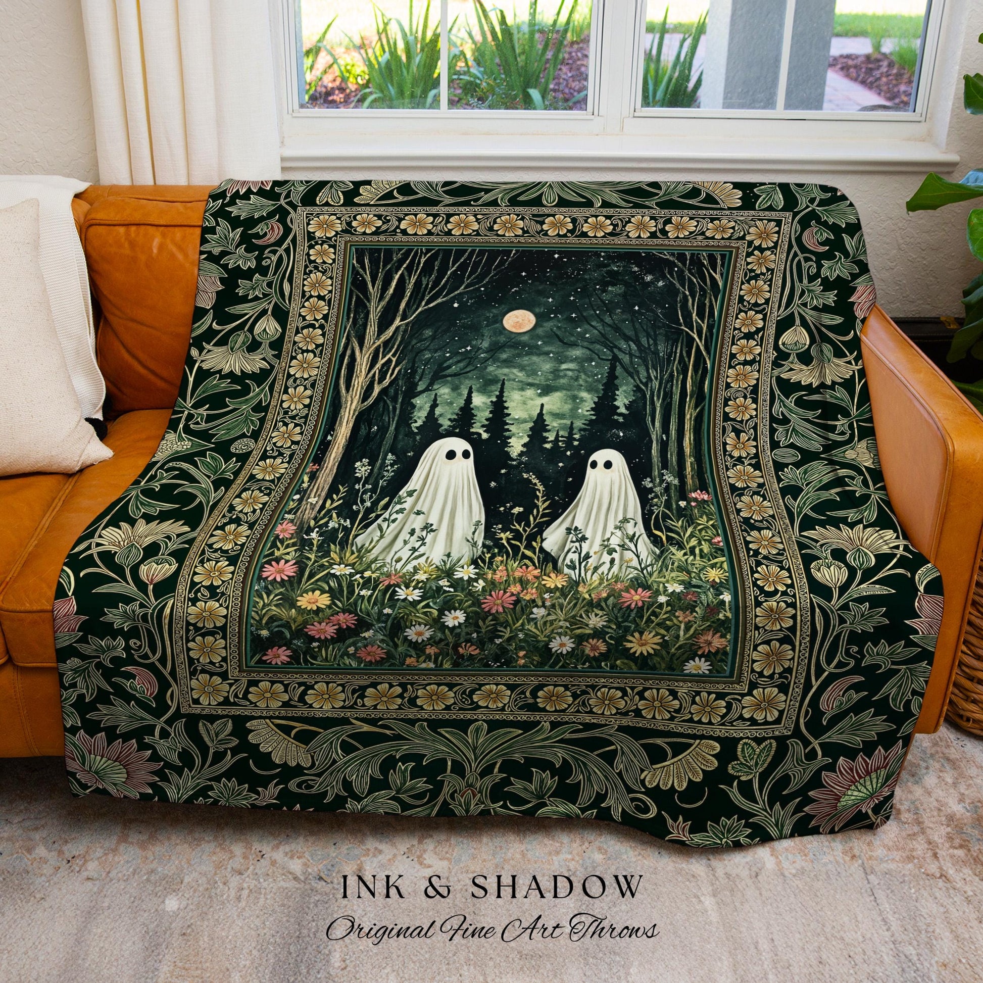 Gothic Sage Green Ghosts Blanket | Woven Tapestry Woodland Spirits Decor Whimsigoth Gothic Halloween Style Cottagecore Floral Mystic Throw |