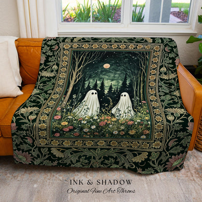 Gothic Sage Green Ghosts Blanket | Woven Tapestry Woodland Spirits Decor Whimsigoth Gothic Halloween Style Cottagecore Floral Mystic Throw |