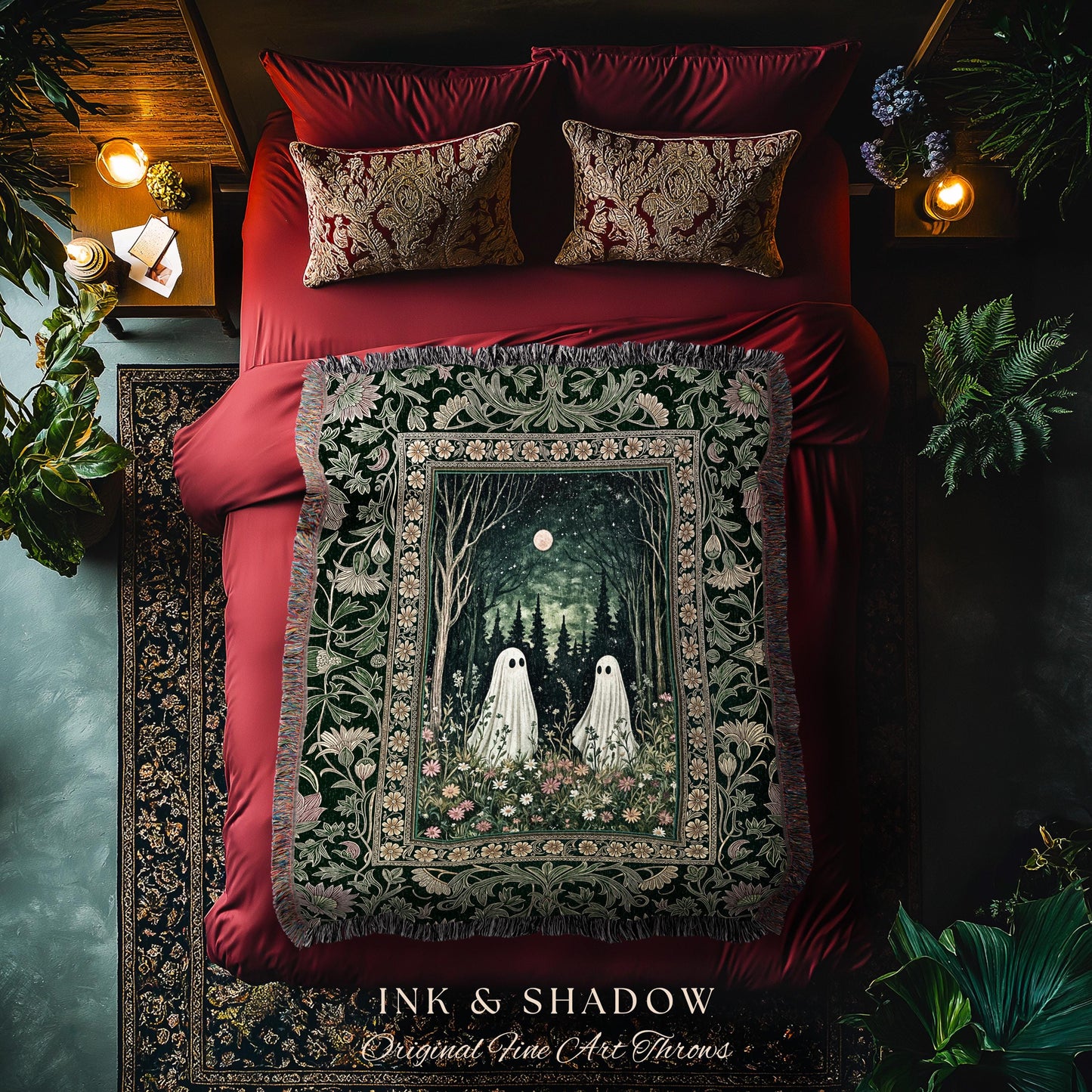 Gothic Sage Green Ghosts Blanket | Woven Tapestry Woodland Spirits Decor Whimsigoth Gothic Halloween Style Cottagecore Floral Mystic Throw |