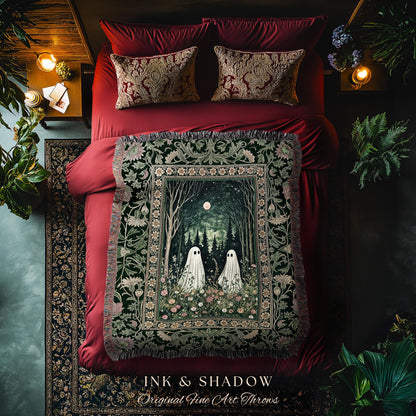 Gothic Sage Green Ghosts Blanket | Woven Tapestry Woodland Spirits Decor Whimsigoth Gothic Halloween Style Cottagecore Floral Mystic Throw |