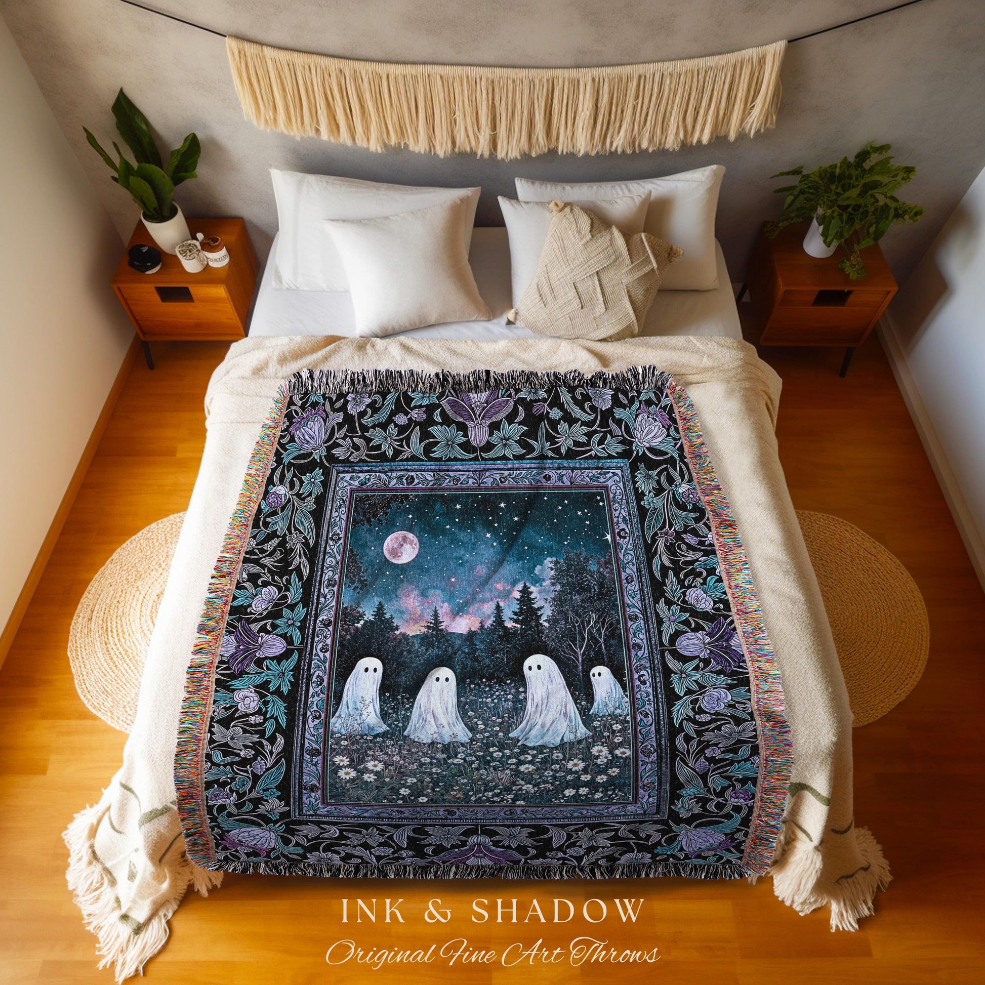 Starry Sky Violet Meadow Ghost Blanket | Halloween Gothic Tapestry Whimsigoth Cottagecore Floral Maximalist Moody Mysticism Bedroom Decor |