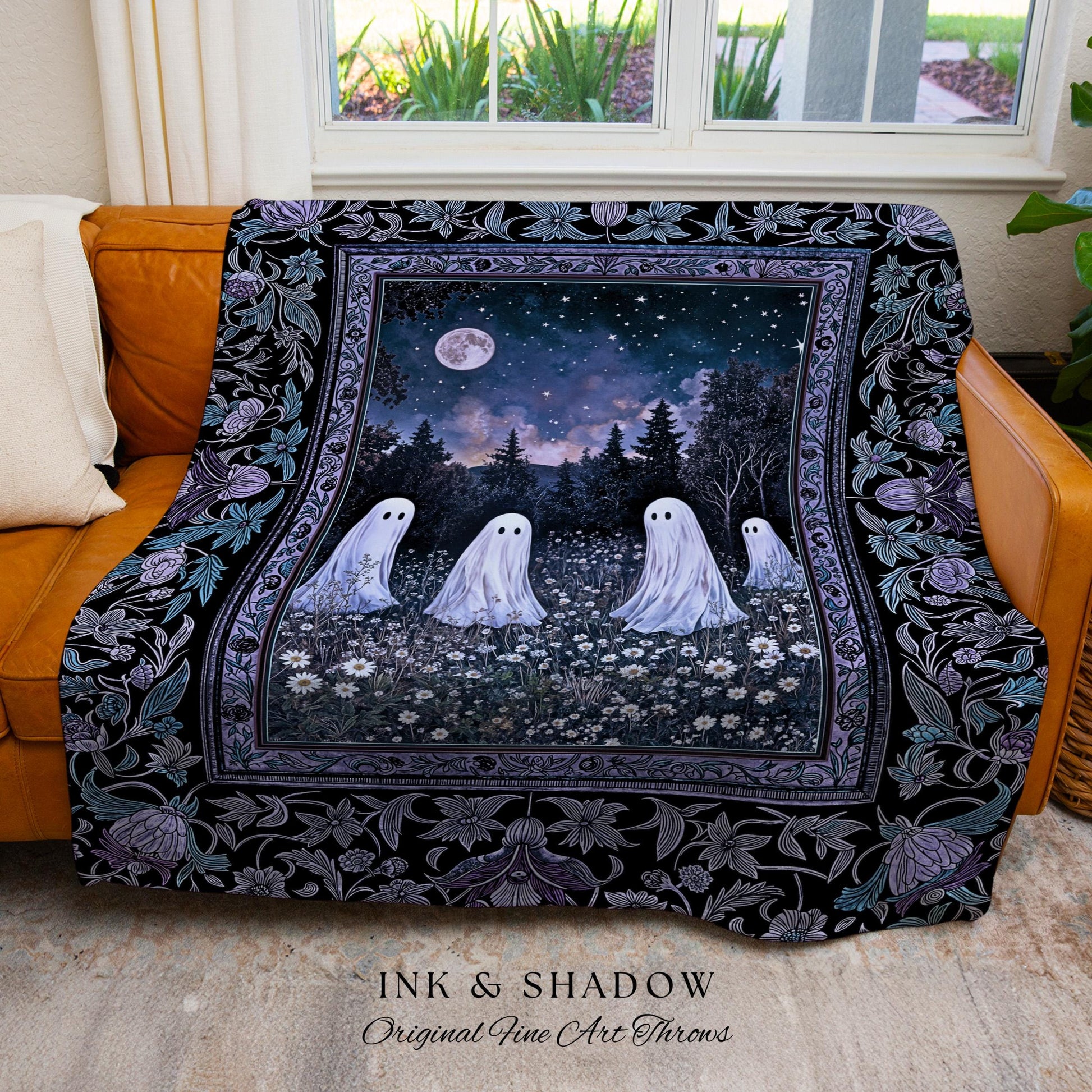 Starry Sky Violet Meadow Ghost Blanket | Halloween Gothic Tapestry Whimsigoth Cottagecore Floral Maximalist Moody Mysticism Bedroom Decor |