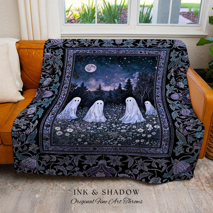 Starry Sky Violet Meadow Ghost Blanket | Halloween Gothic Tapestry Whimsigoth Cottagecore Floral Maximalist Moody Mysticism Bedroom Decor |