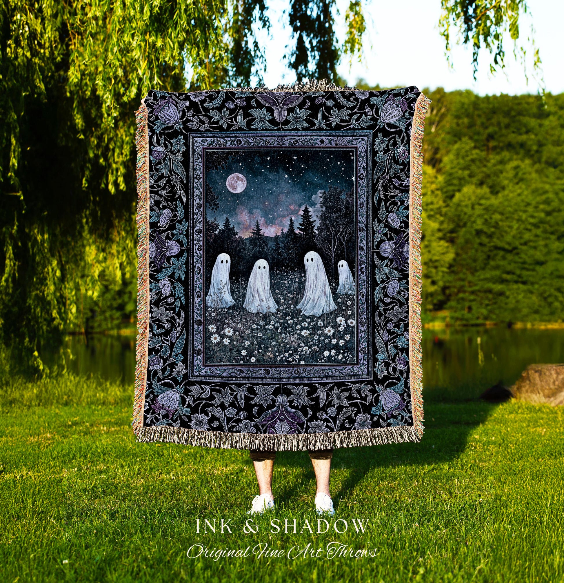 Starry Sky Violet Meadow Ghost Blanket | Halloween Gothic Tapestry Whimsigoth Cottagecore Floral Maximalist Moody Mysticism Bedroom Decor |