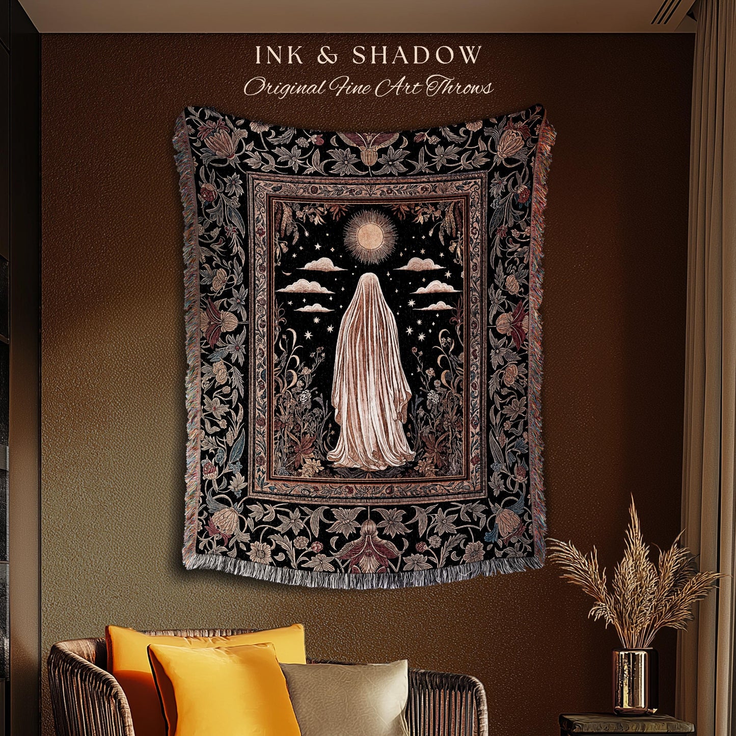 Celestial Garden Spirit Woven Throw | Bohemian Halloween Whimsigothic Wall Tapestry Ghost Blanket Ornate Gothic Rustic Halloween Home Decor