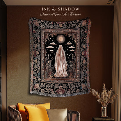 Celestial Garden Spirit Woven Throw | Bohemian Halloween Whimsigothic Wall Tapestry Ghost Blanket Ornate Gothic Rustic Halloween Home Decor