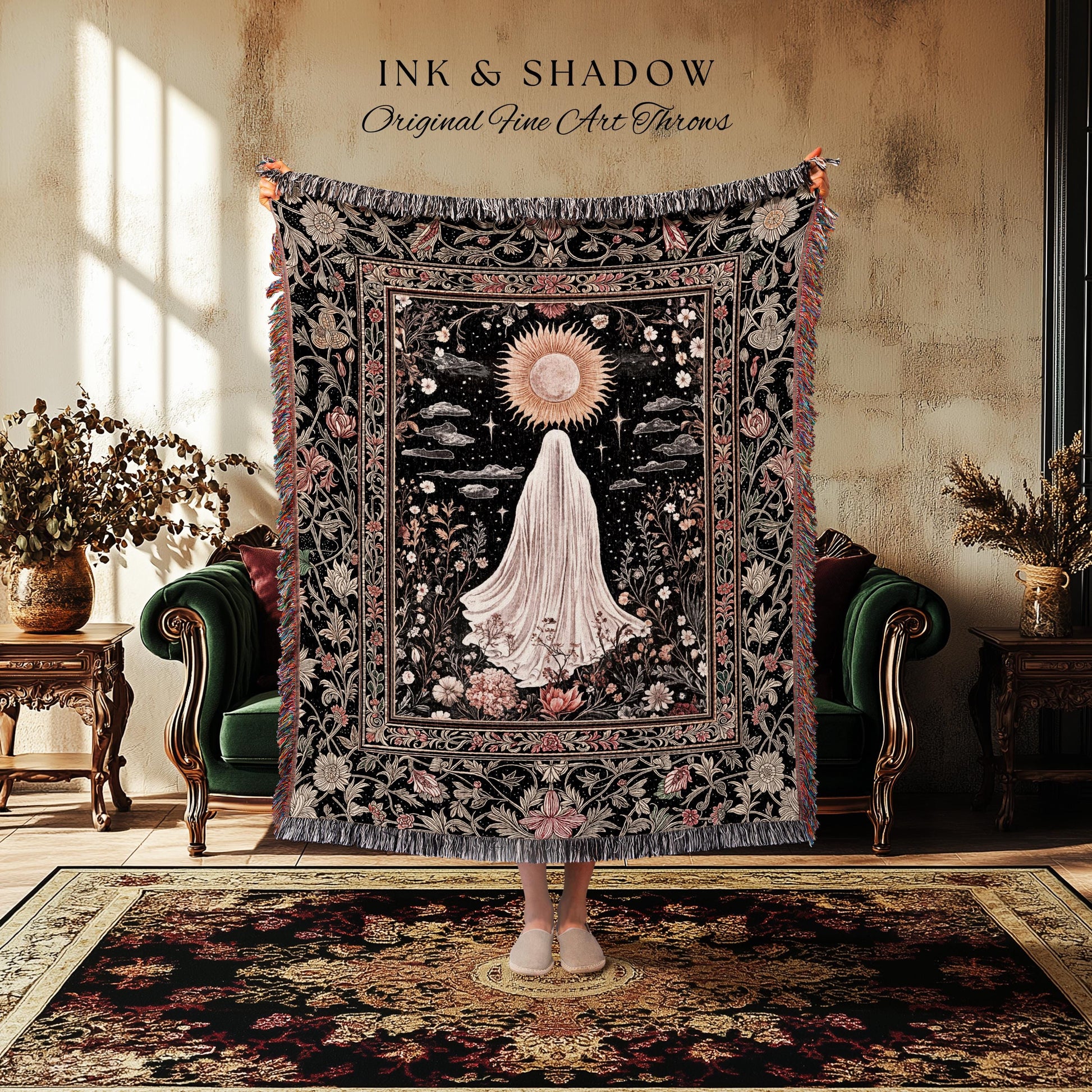 Ethereal Rose Garden Ghost Blanket | Pastel Floral Woven Tapestry Halloween Throw Cottagecore Whimsigoth Romantic Goth Decor Celestial Witch