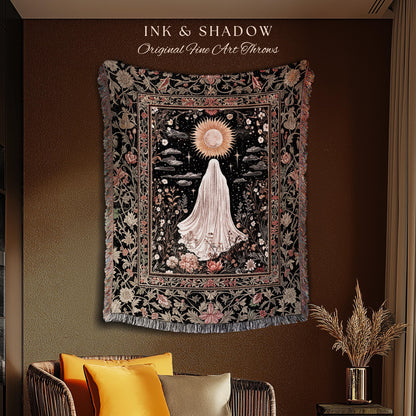 Ethereal Rose Garden Ghost Blanket | Pastel Floral Woven Tapestry Halloween Throw Cottagecore Whimsigoth Romantic Goth Decor Celestial Witch
