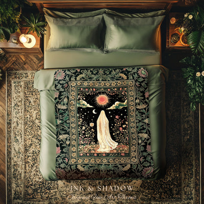 Verdant Sunlit Ghost Cozy Blanket | Floral Cottagecore Halloween Decor Woven Forest Ghost Tapestry Whimsigoth Gothic Throw Art Botanical |