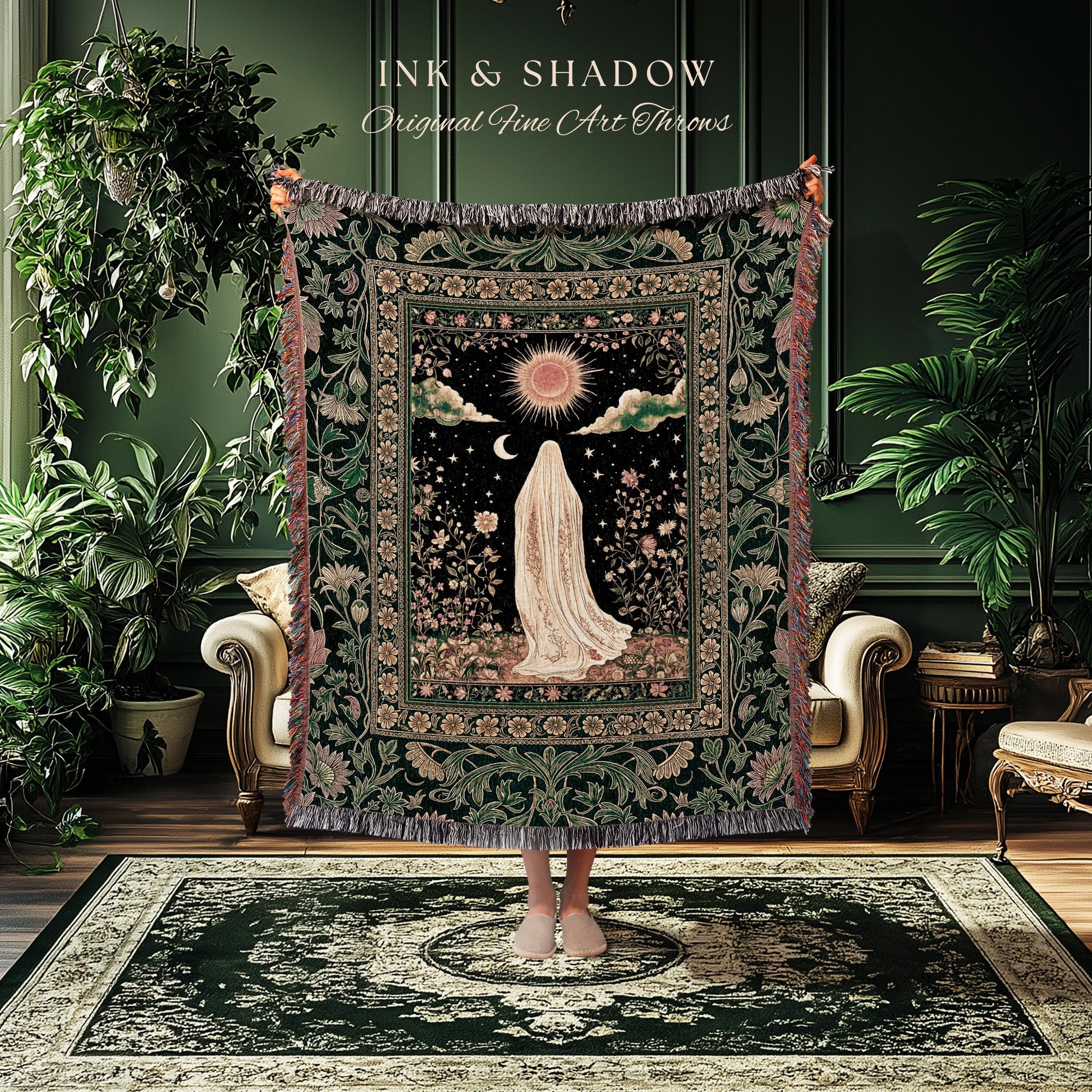 Verdant Sunlit Ghost Cozy Blanket | Floral Cottagecore Halloween Decor Woven Forest Ghost Tapestry Whimsigoth Gothic Throw Art Botanical |