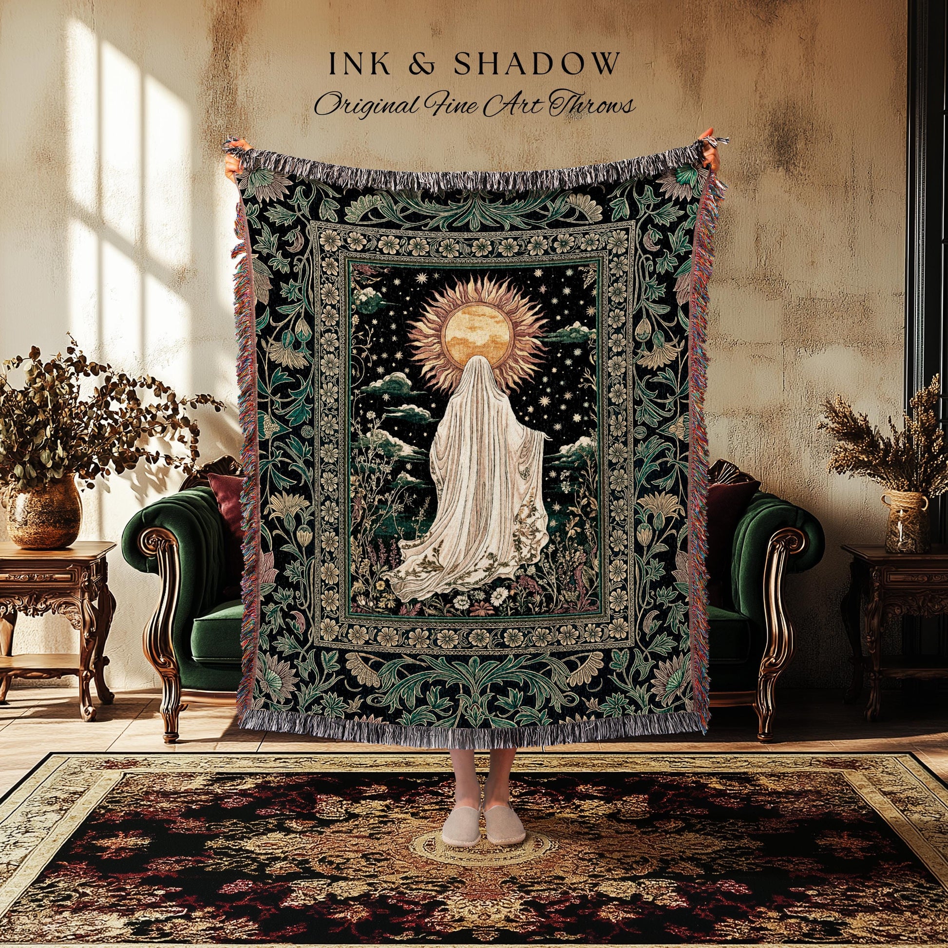 Autumn Harvest Spirit Ghost Blanket | Cottagecore Halloween Floral Woven Throw Tapestry Whimsigoth Gothic Home Decor Botanical Cozy Witchy