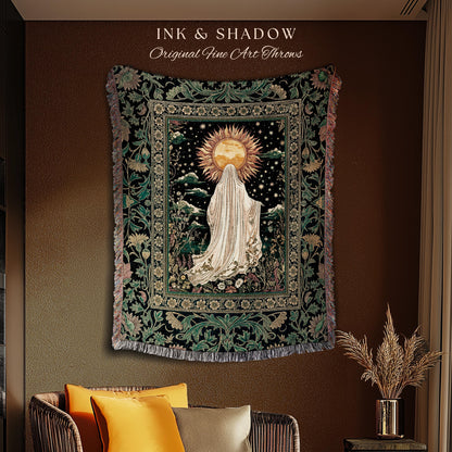 Autumn Harvest Spirit Ghost Blanket | Cottagecore Halloween Floral Woven Throw Tapestry Whimsigoth Gothic Home Decor Botanical Cozy Witchy