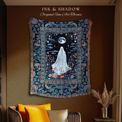 Blue Moon Garden Ghost Blanket | Whimsigoth Pastel Floral Throw Halloween Decor Cottagecore Spirit Tapestry Botanical Season Witchy Style |