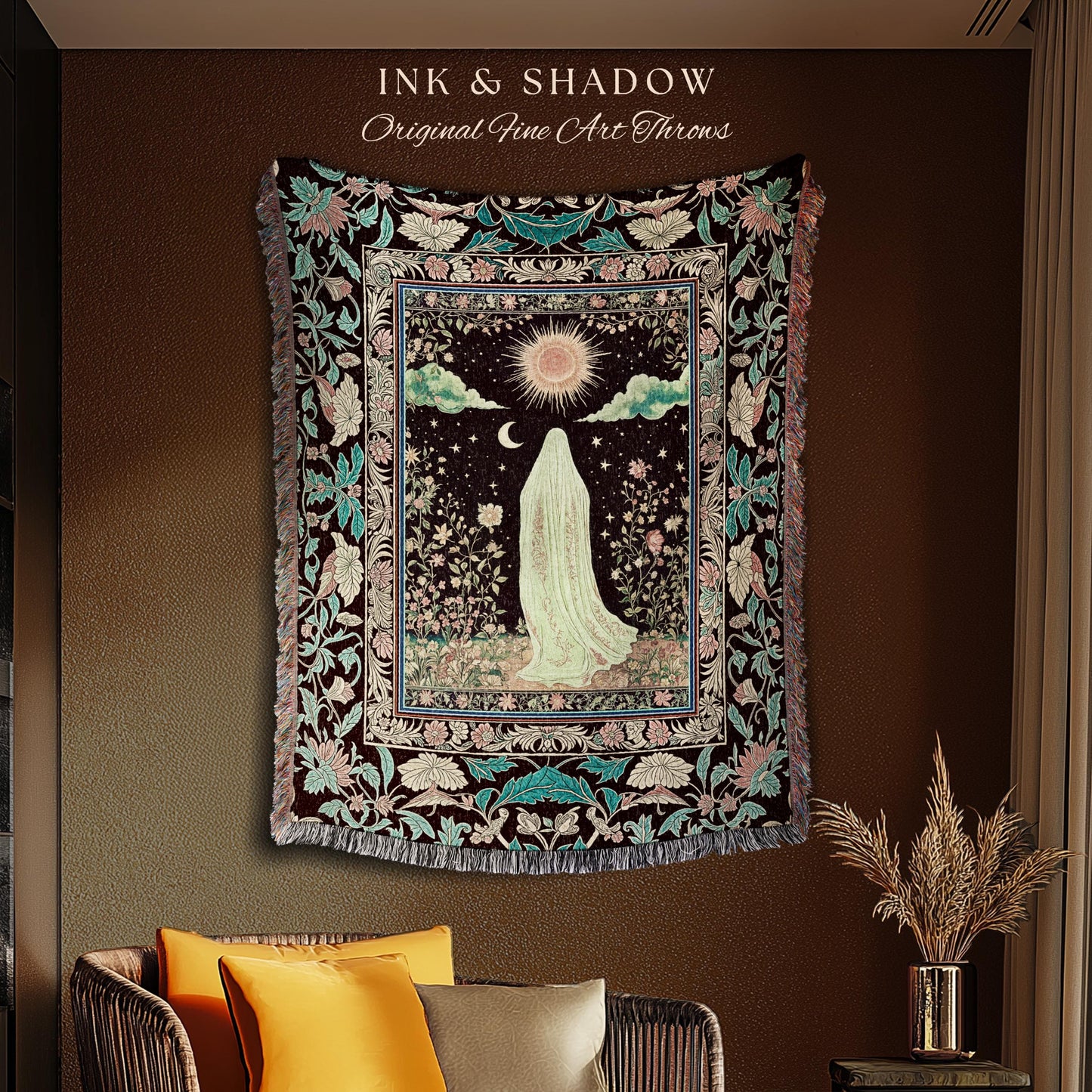 Earth Spirit Mystic Floral Ghost Throw | Cottagecore Blanket Tapestry Whimsigoth Decor Sunlit Pastel Accent Botanical Season Witchy Vintage