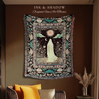 Earth Spirit Mystic Floral Ghost Throw | Cottagecore Blanket Tapestry Whimsigoth Decor Sunlit Pastel Accent Botanical Season Witchy Vintage