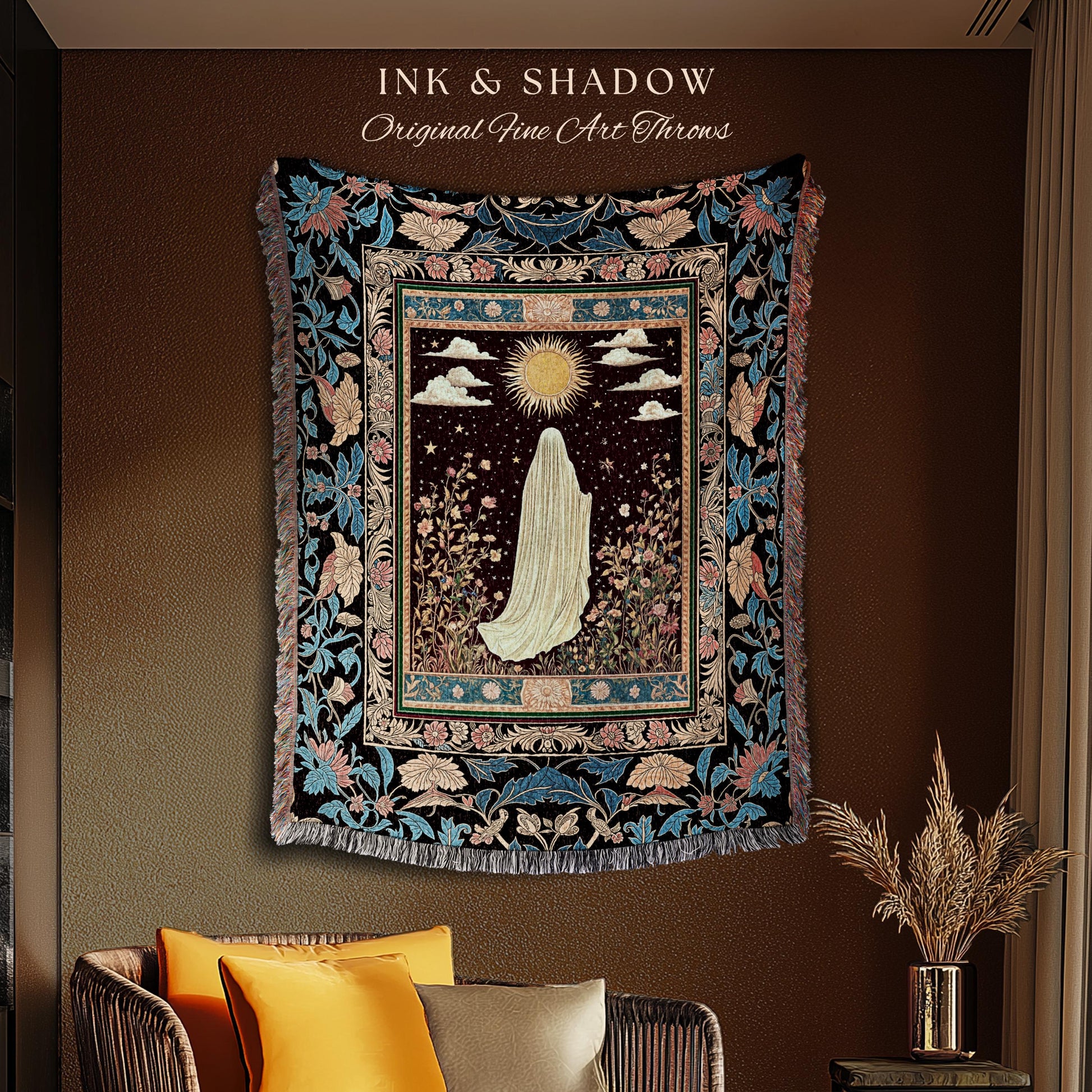 Gothic Sunlit Ghost Throw Blanket | Whimsigothic Cottagecore Woven Tapestry Decor Halloween Spirit Floral Mysticism Witchy Bedroom Accent |