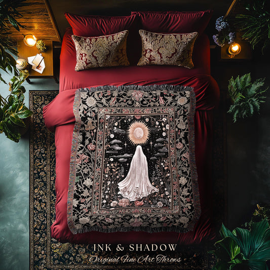 Ethereal Rose Garden Ghost Blanket | Pastel Floral Woven Tapestry Halloween Throw Cottagecore Whimsigoth Romantic Goth Decor Celestial Witch