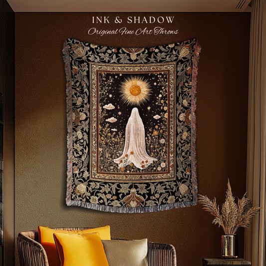 Golden Hour Mystic Ghost Blanket | Autumn Floral Tapestry Woven Throw Halloween Decor Whimsigoth Cottagecore Spirit Home Accent Witchy Theme