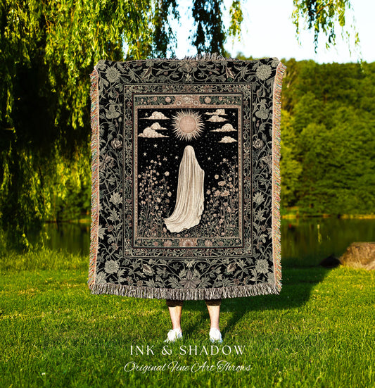 Whimsical Sky Spirit Blanket | Woven Tapestry Ghost Throw Halloween Floral Decor Cottagecore Whimsigoth Accent Botanical Dark Academia Style