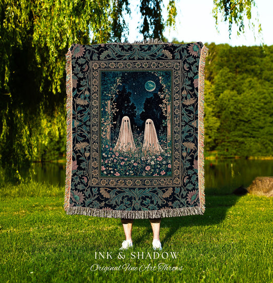 Witchy Cottagecore Ghosts Tapestry Throw | Gothic Moon Woven Blanket Floral Whimsigoth Halloween Decor Mystical Ghost Maximalist Home Accent