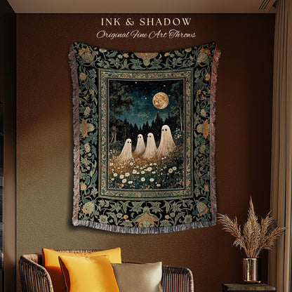 Mystic Full Moon Ghost Family Tapestry | Floral Halloween Woven Blanket Whimsigoth Gothic Mysticism Witchy Maximalist Throw Spooky Decor |