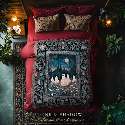 Midnight Gathering Mystical Ghost Blanket | Gothic Halloween Tapestry Whimsigoth Floral Dark Cottagecore Maximalist Mystic Decor Full Moon