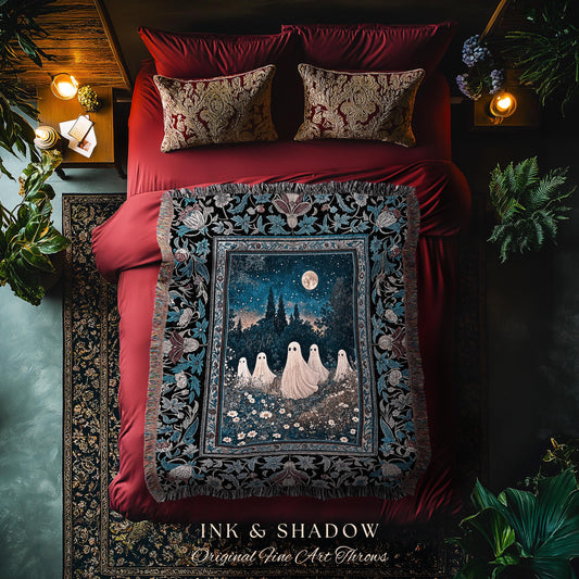 Midnight Gathering Mystical Ghost Blanket | Gothic Halloween Tapestry Whimsigoth Floral Dark Cottagecore Maximalist Mystic Decor Full Moon