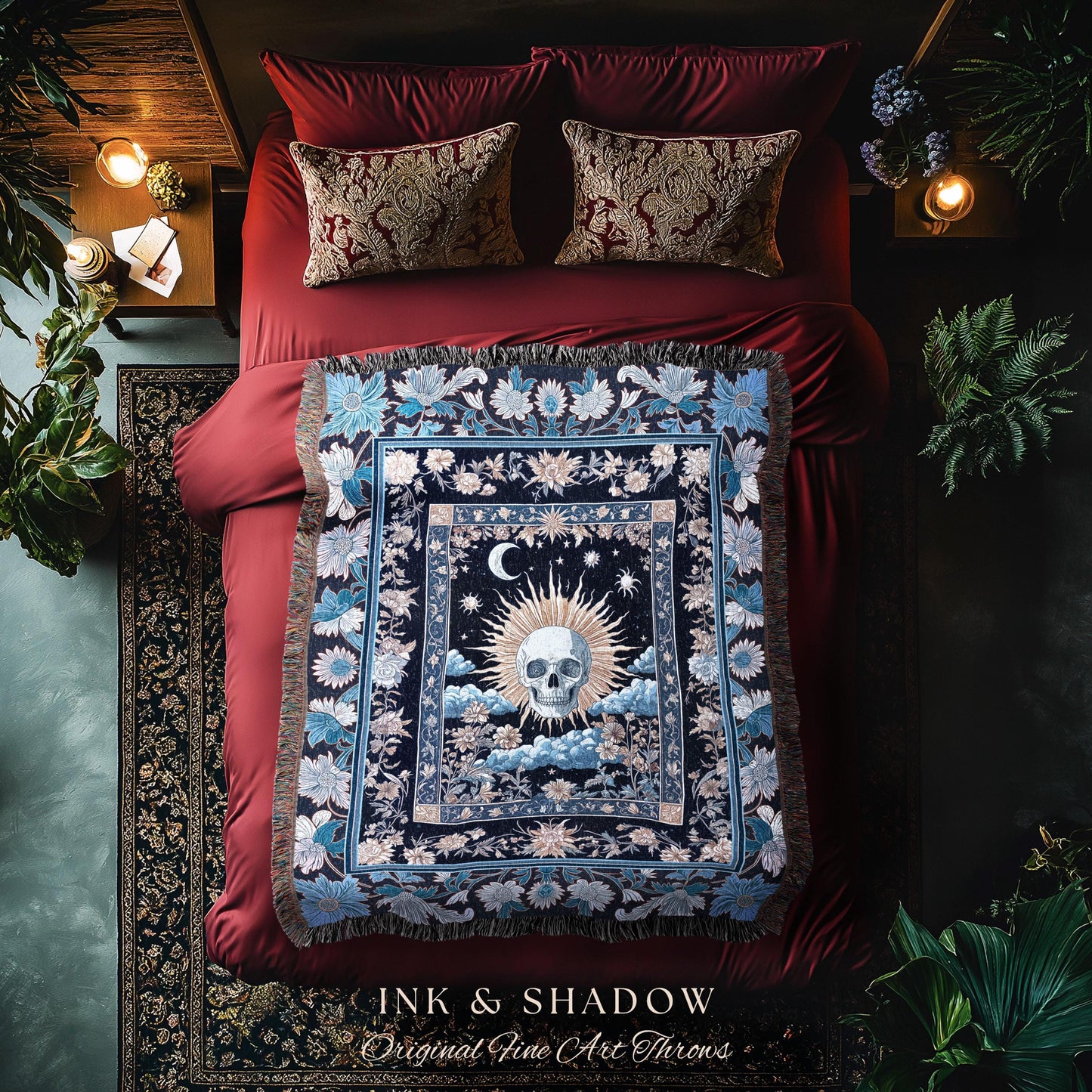 Magic Witchy Skull Wall Tapestry Gothic | Pastel Tarot Tapestry Dark Academia Throw Blanket Macabre Design Spooky Skeleton Woven Whimsigoth