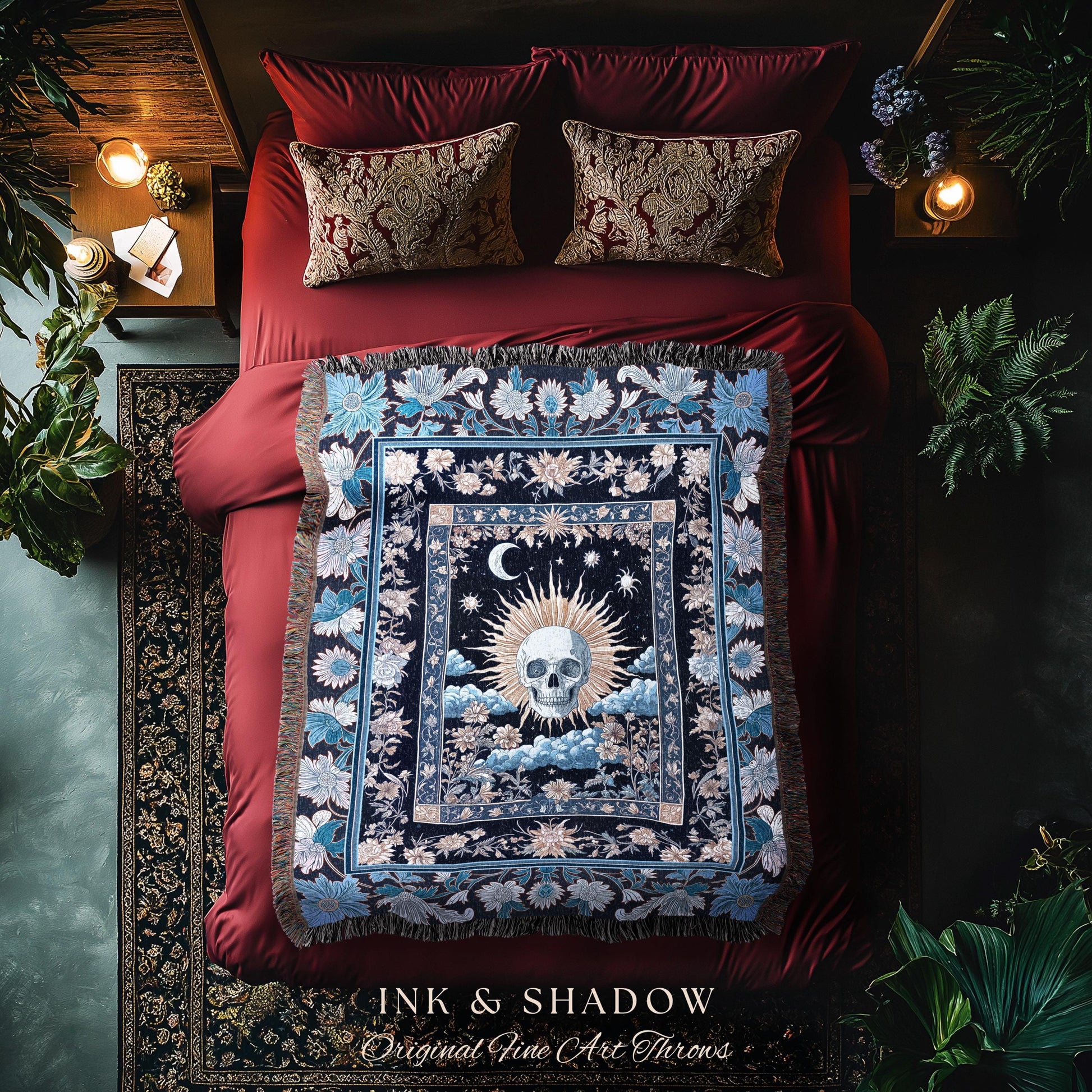 Magic Witchy Skull Wall Tapestry Gothic | Pastel Tarot Tapestry Dark Academia Throw Blanket Macabre Design Spooky Skeleton Woven Whimsigoth