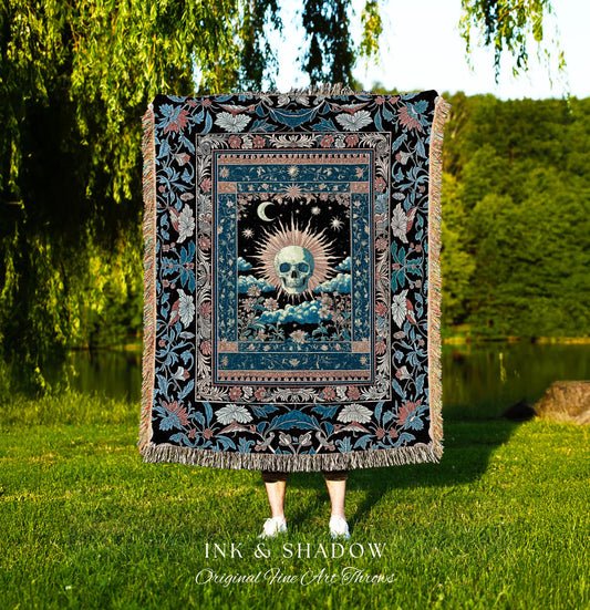 Dreamy Academia Skeleton Tarot Throw | Bohemian Skull Blanket Witchcore Woven Tapestry Fall Gothic Decor Spooky Aesthetic Halloween Gift |
