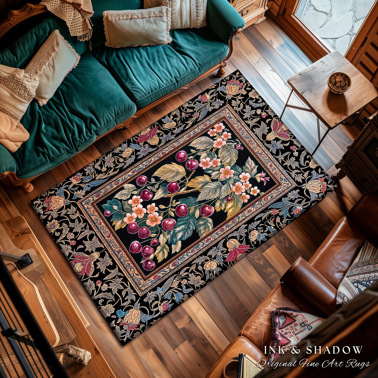 Dark Romantic Cherry Blossom Area Rug | Vintage Botanical Art Gothic Floral Design Moody Garden Accent Baroque Cottagecore Home Decor Royal
