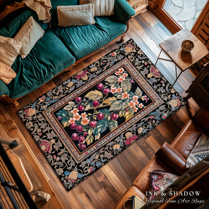 Dark Romantic Cherry Blossom Area Rug | Vintage Botanical Art Gothic Floral Design Moody Garden Accent Baroque Cottagecore Home Decor Royal