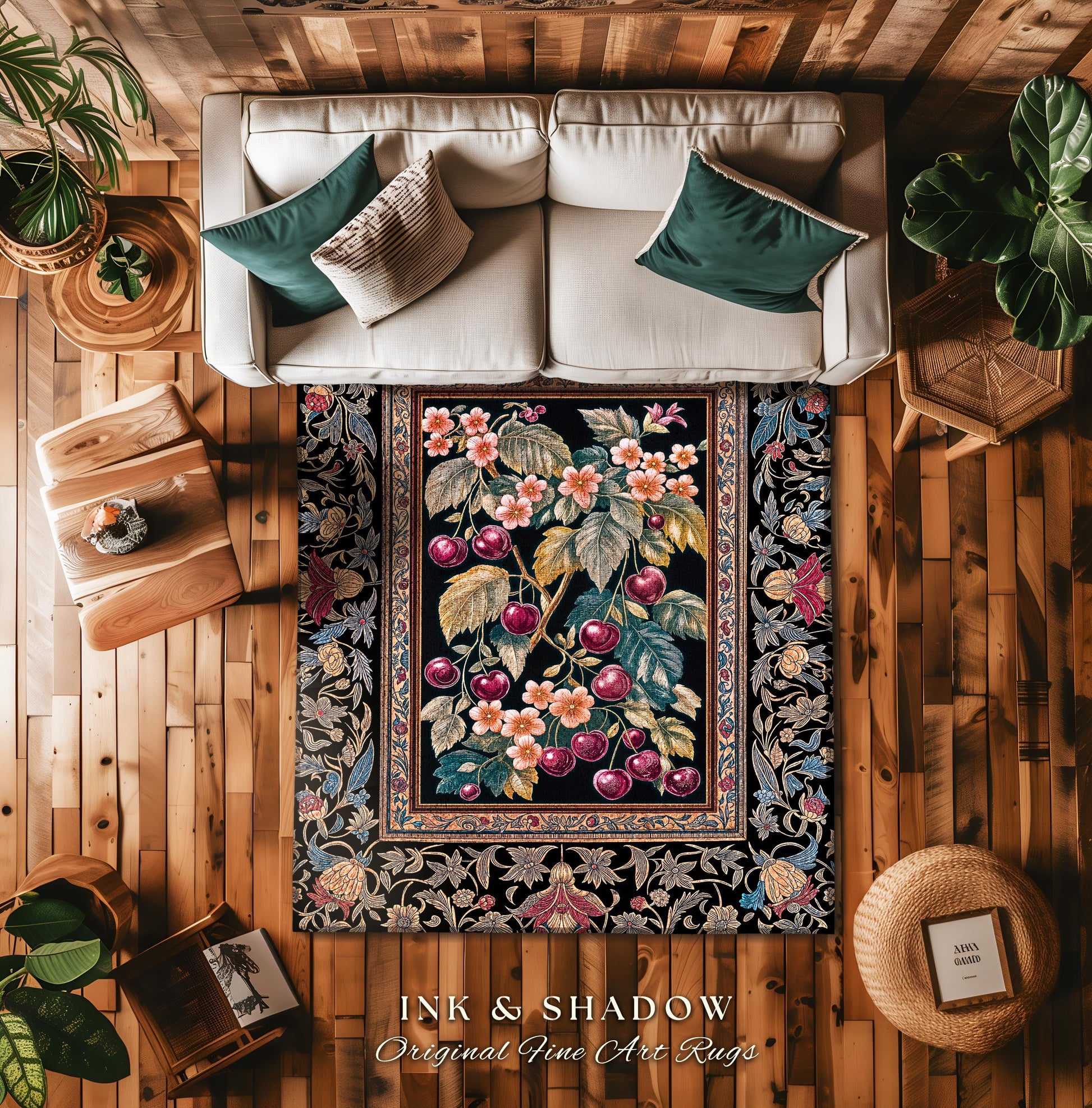 Dark Romantic Cherry Blossom Area Rug | Vintage Botanical Art Gothic Floral Design Moody Garden Accent Baroque Cottagecore Home Decor Royal