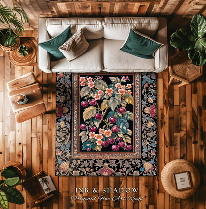 Dark Romantic Cherry Blossom Area Rug | Vintage Botanical Art Gothic Floral Design Moody Garden Accent Baroque Cottagecore Home Decor Royal