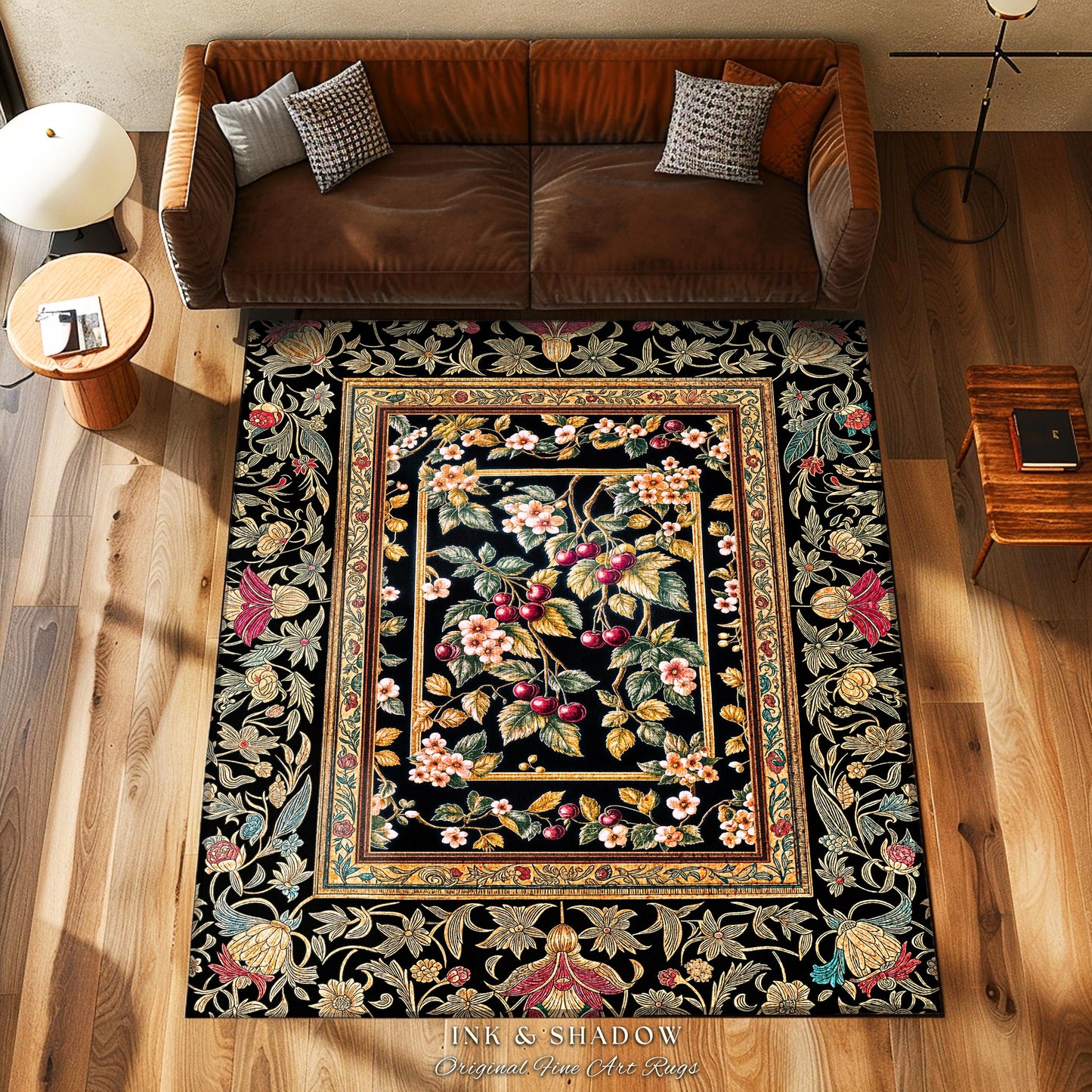 Mystic Baroque Cherry Garden Area Rug | Ornate Botanical Design Romantic Fruit Pattern Gothic Nature Style Rococo Floral Home Accent Classic