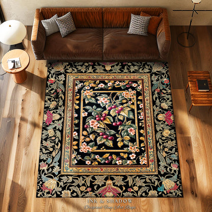 Mystic Baroque Cherry Garden Area Rug | Ornate Botanical Design Romantic Fruit Pattern Gothic Nature Style Rococo Floral Home Accent Classic