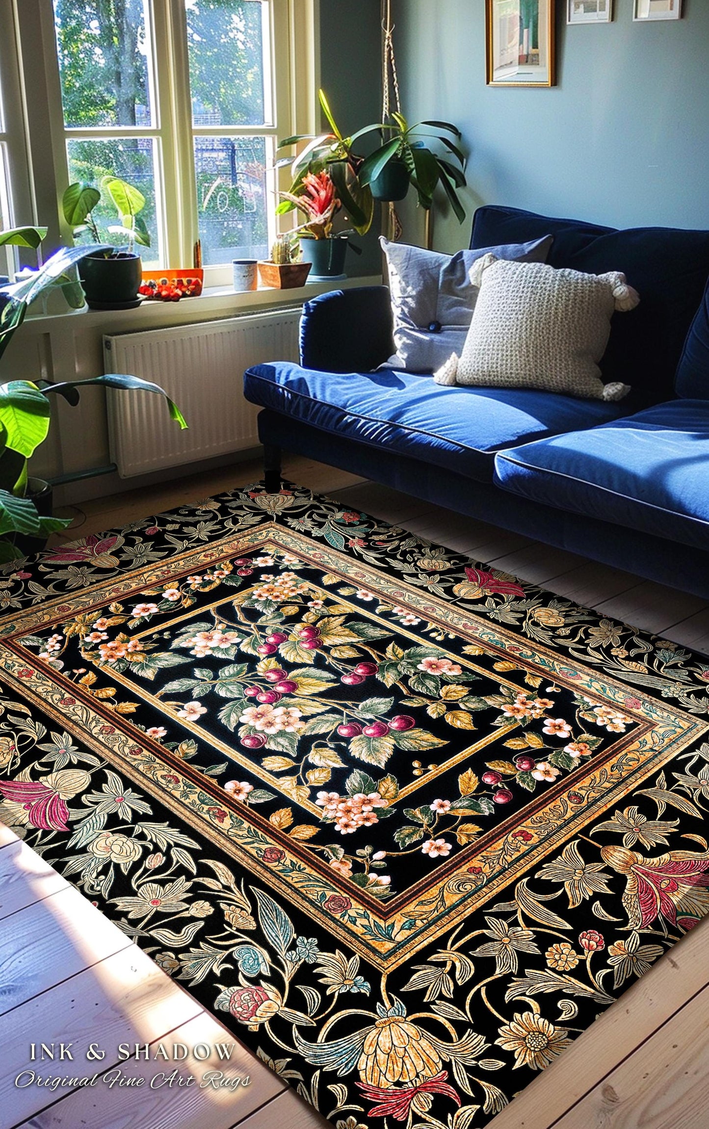 Mystic Baroque Cherry Garden Area Rug | Ornate Botanical Design Romantic Fruit Pattern Gothic Nature Style Rococo Floral Home Accent Classic