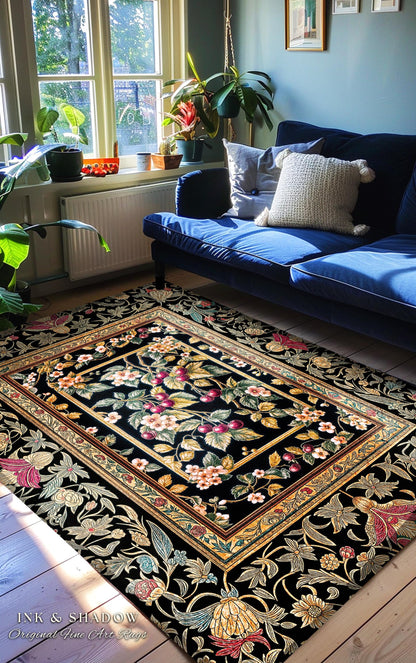 Mystic Baroque Cherry Garden Area Rug | Ornate Botanical Design Romantic Fruit Pattern Gothic Nature Style Rococo Floral Home Accent Classic