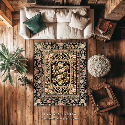 Maximalist Cherry Blossom Area Rug | Moody Gothic Garden Decor Romantic Floral Fruit Accent Victorian Style Botanical Interior Home Design