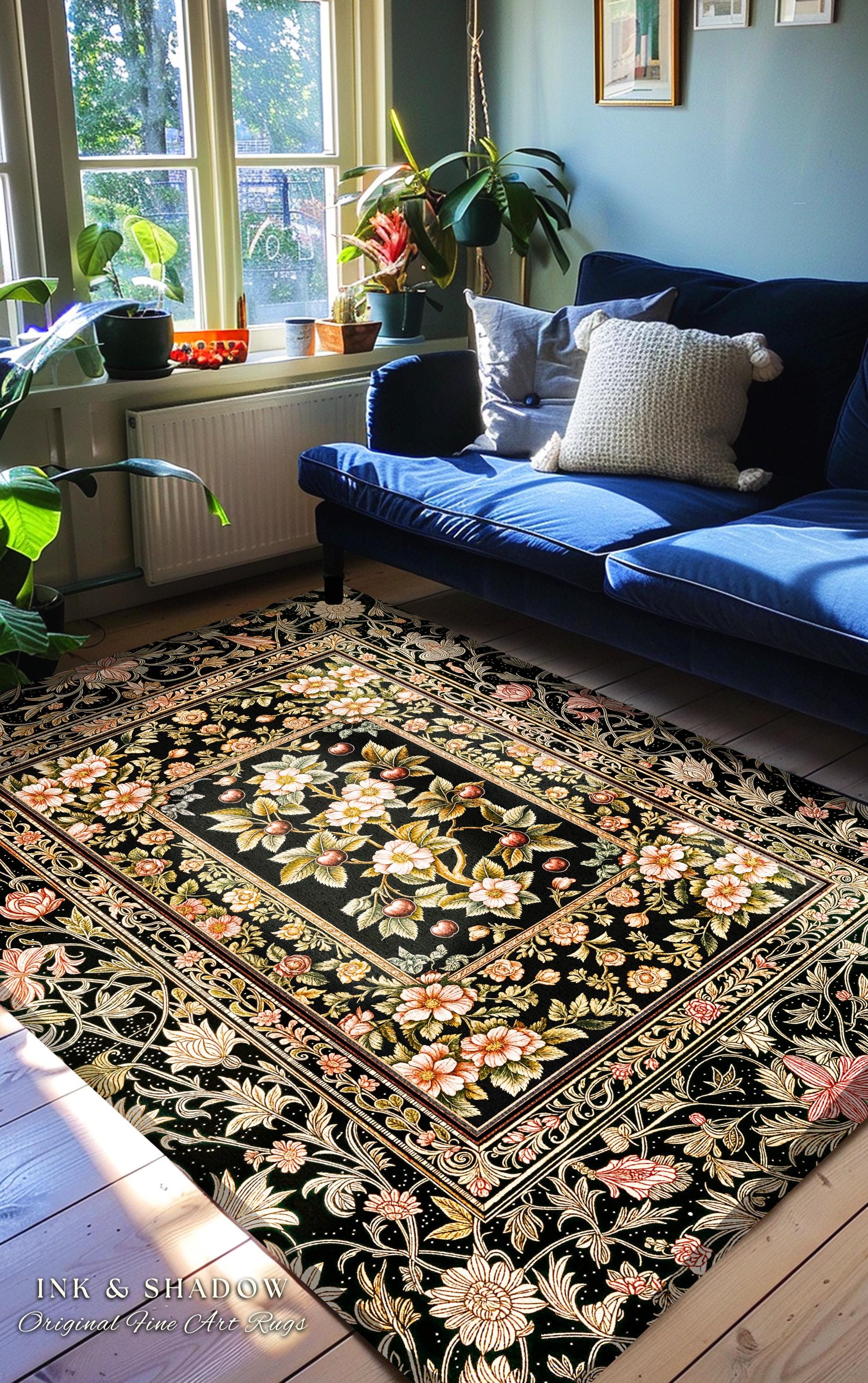 Maximalist Cherry Blossom Area Rug | Moody Gothic Garden Decor Romantic Floral Fruit Accent Victorian Style Botanical Interior Home Design