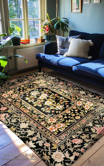 Maximalist Cherry Blossom Area Rug | Moody Gothic Garden Decor Romantic Floral Fruit Accent Victorian Style Botanical Interior Home Design