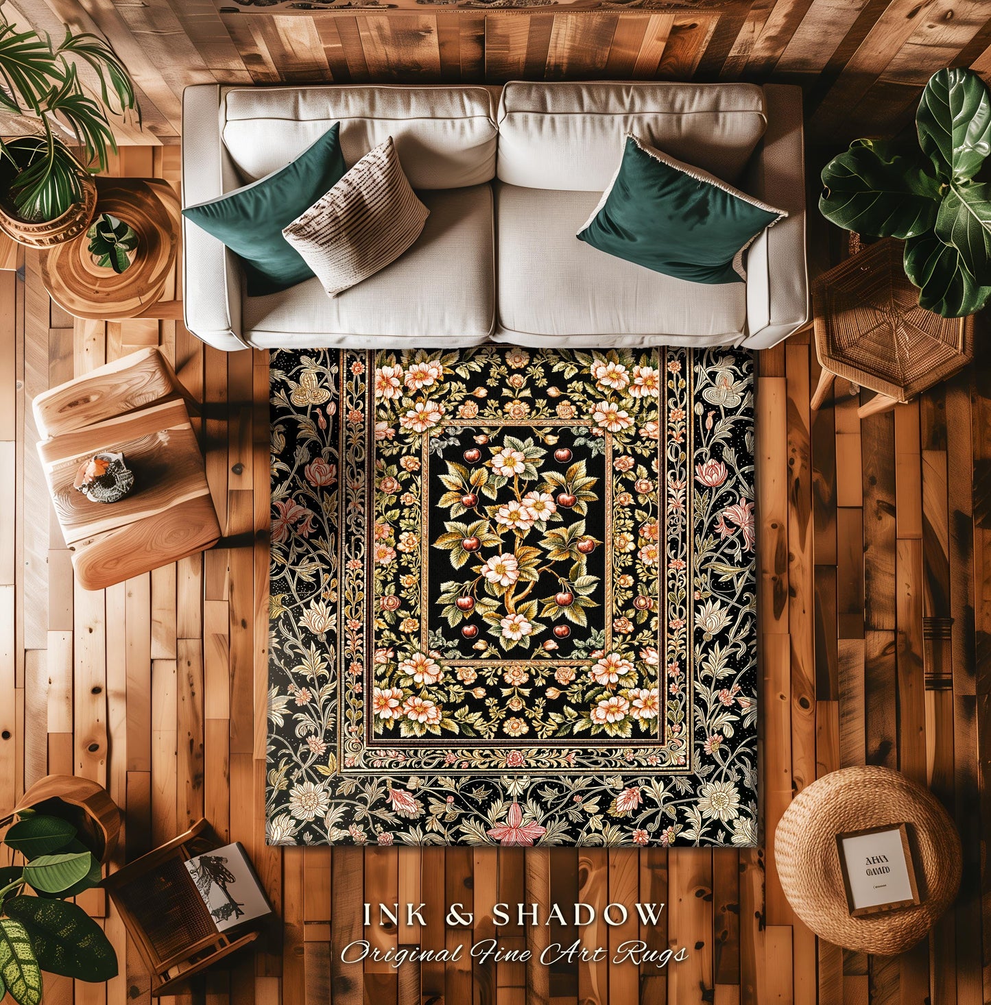 Maximalist Cherry Blossom Area Rug | Moody Gothic Garden Decor Romantic Floral Fruit Accent Victorian Style Botanical Interior Home Design