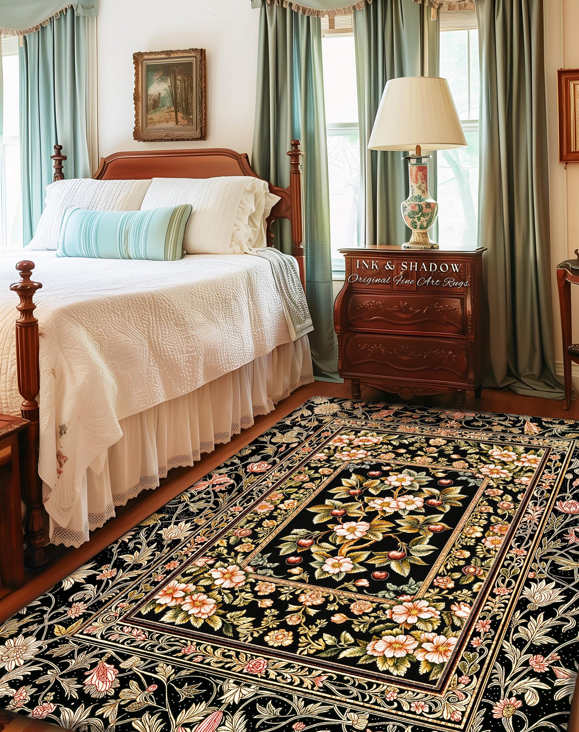 Maximalist Cherry Blossom Area Rug | Moody Gothic Garden Decor Romantic Floral Fruit Accent Victorian Style Botanical Interior Home Design